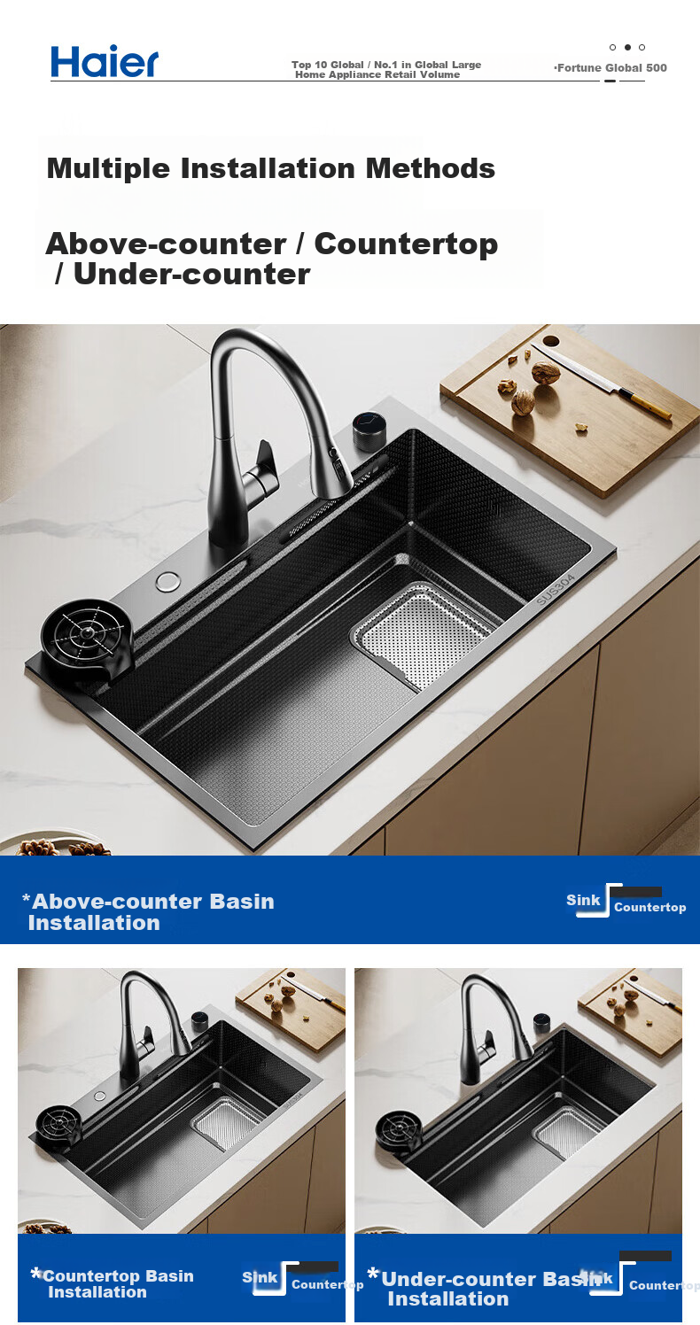 Haier Large Single Bowl Kitchen Sink Thickened 304 Stainless Steel Sink with Strainer and Drain Basket Waterfall Dishwashing Basin 27