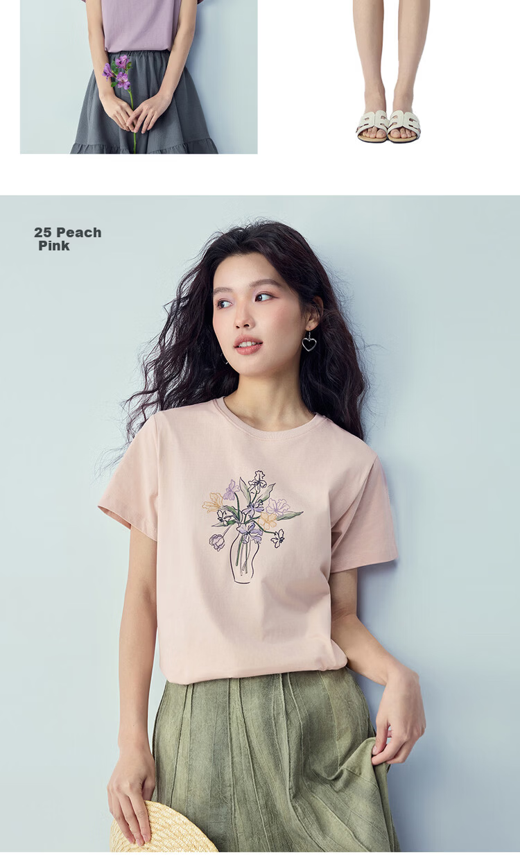 Giordano Women's Short Sleeve T-Shirt New Pure Cotton Romantic Floral Print Crew Neck Casual Top 05396386 14