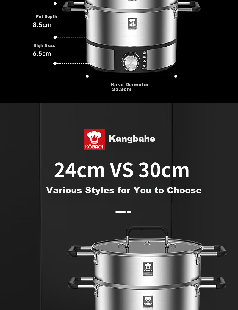 Kambach Small Electric Hot Pot 1-2 Person Non-Coated Stainless Steel Ultra-Fast Boiling Multi-Functional Household Electric Frying Pan 304 Hot Pot Steamer 24cm 14