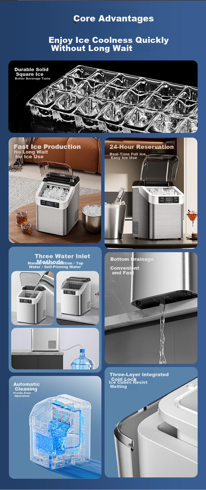 BEIJIXIONG Home Fully Automatic Large Capacity Ice Maker 30/35kg Desktop Ice Machine for Dormitory KTV Bar Internet Cafe Office Kitchen Small Appliance with 24 Ice Trays Silver Dual Power 2