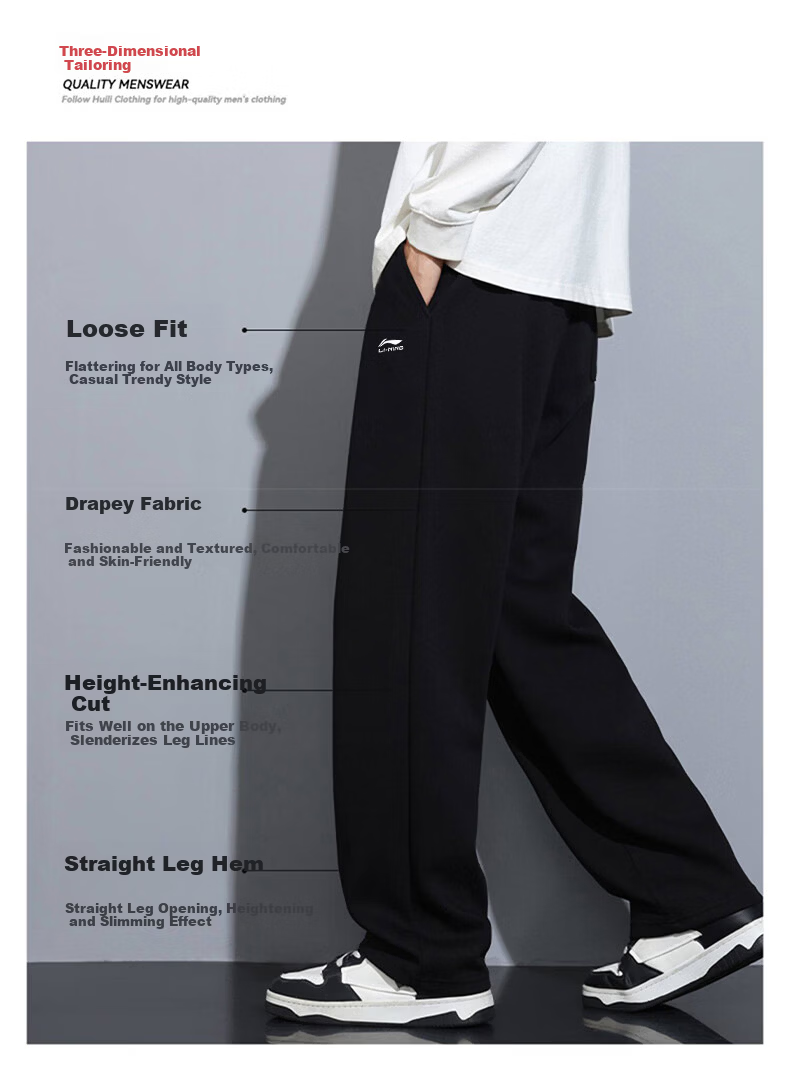 LI-NING Men's Sports Pants Fitness Running Sweatpants Casual Loose Fit Straight Leg Comfortable Long Trousers 2