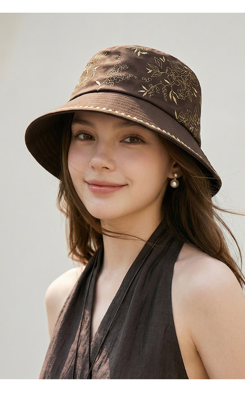 CACUSS Women's Fisherman Hat Spring Summer Pure Cotton Face-Slimming Sunshade Outdoor Casual Bucket Hat National Style Embroidery Ink Jade Black 10