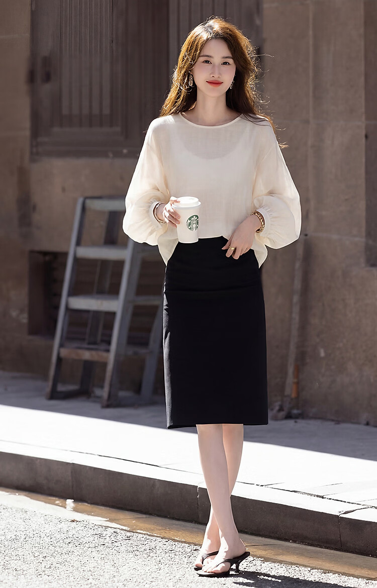 Demana [Shu Yang Pai] Spring and Autumn Acetate Linen Lyocell Blend Lantern Sleeve Straight Loose Shirt for Women 29