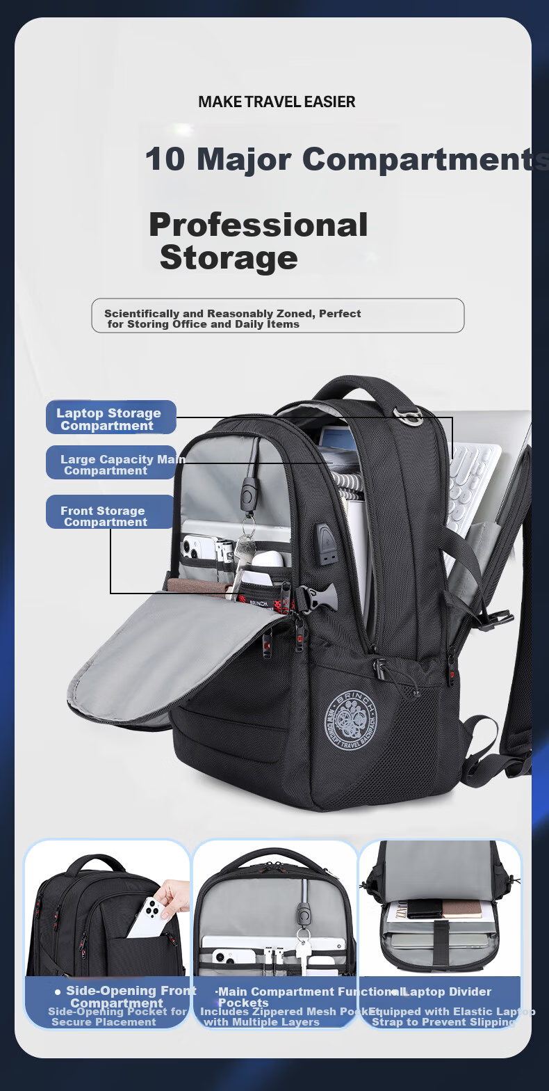 BRINCH Men's 17/18 Inch Laptop Backpack High-End Business Travel Lightweight Commuter Large Capacity 4