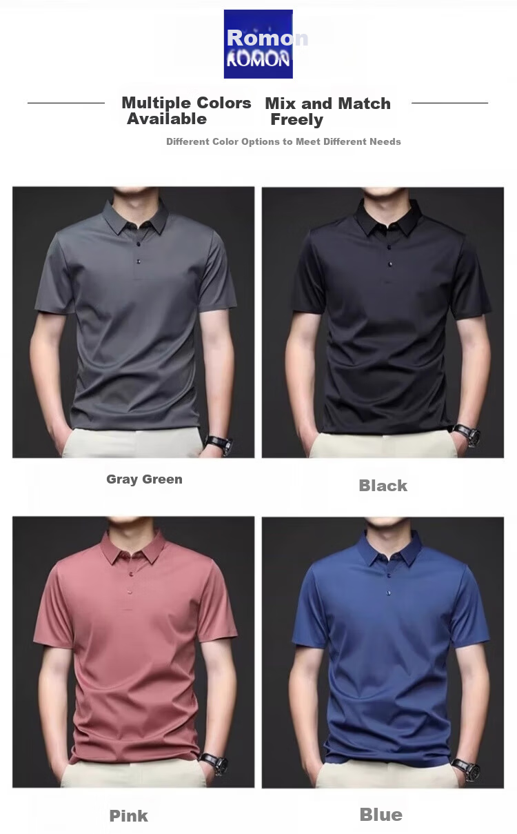 Romon Ice Silk Seamless Short Sleeve T-Shirt Men Summer Thin Business Polo Shirt Black XL 8