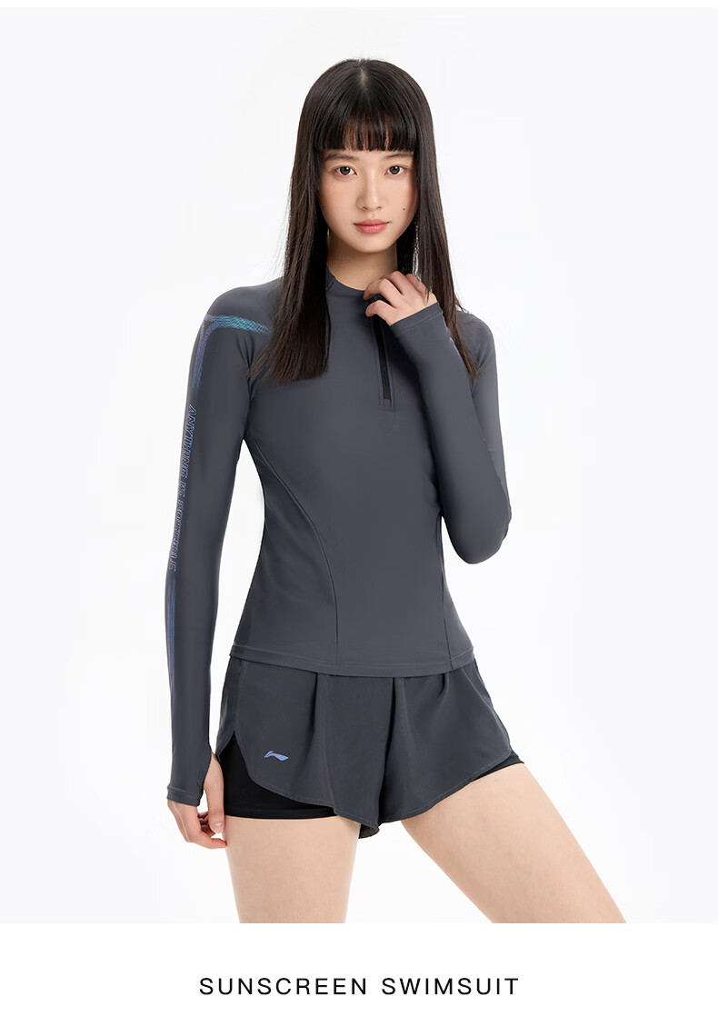 LI-NING Women's Premium 2026 New Split Long Sleeve Boxer Two-Piece Swimsuit Set Swimming Gear 1521 Black XL 19