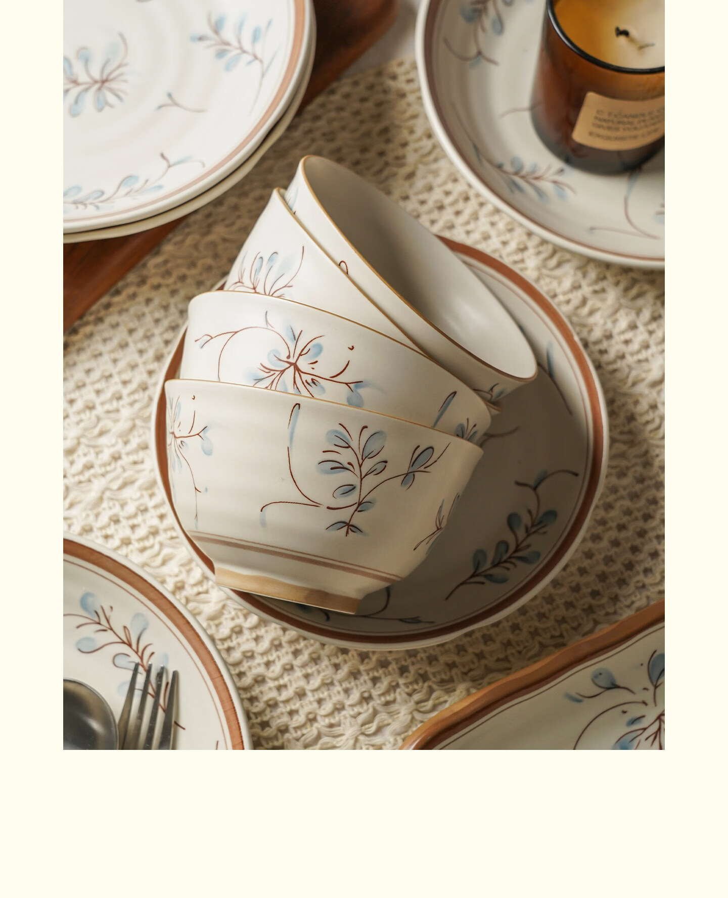 Hechuanwu Bowl and Plate Dinnerware Set 2026 New Japanese Style Hand-Painted Orchid and Grass Underglaze Color Dinnerware Set for Four 2