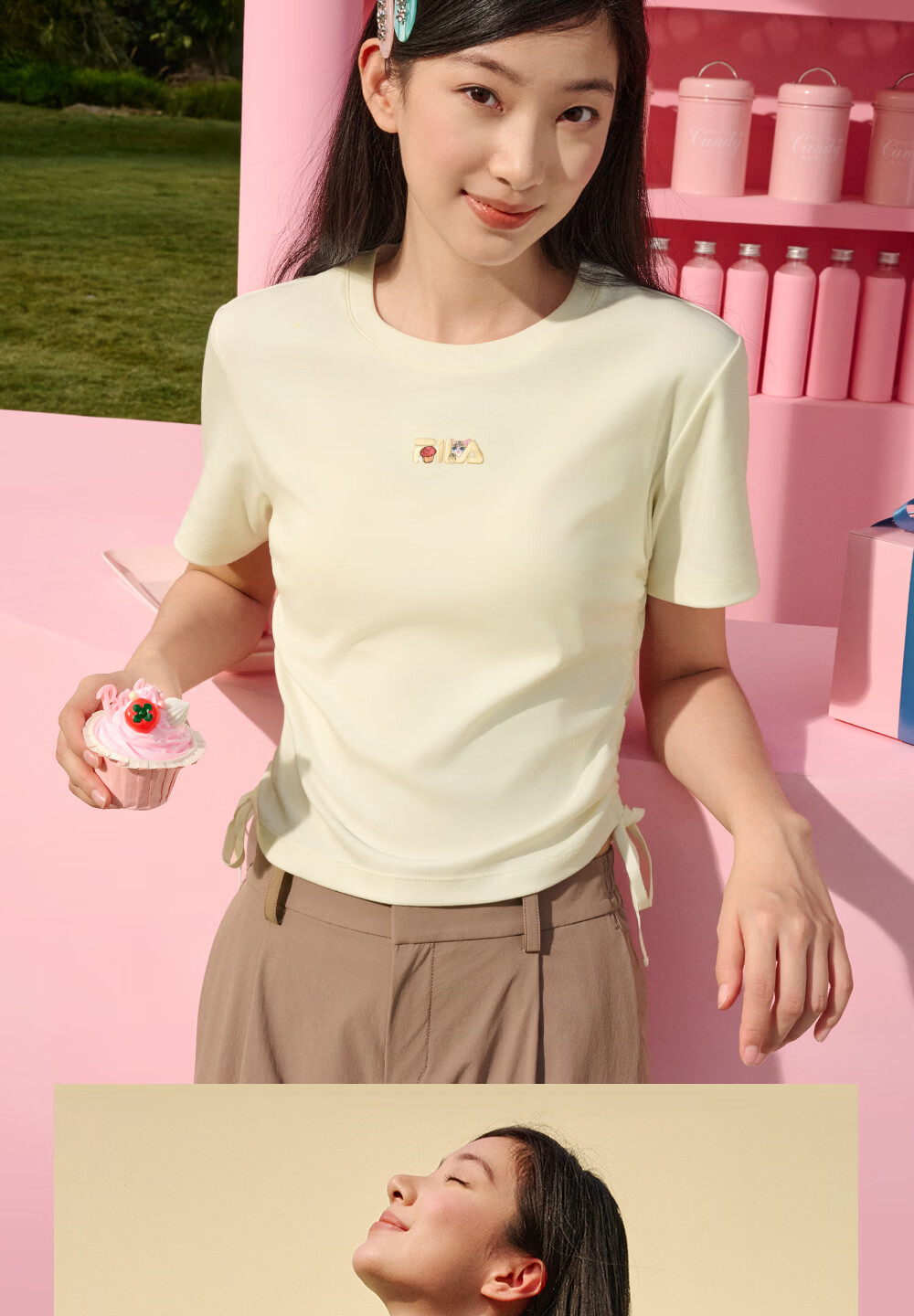 FILA Yang Mi Same Style Knitted Short Sleeve Shirt Women 2026 Summer Side Drawstring Fashion Casual Embroidered Logo Slim T-Shirt 11