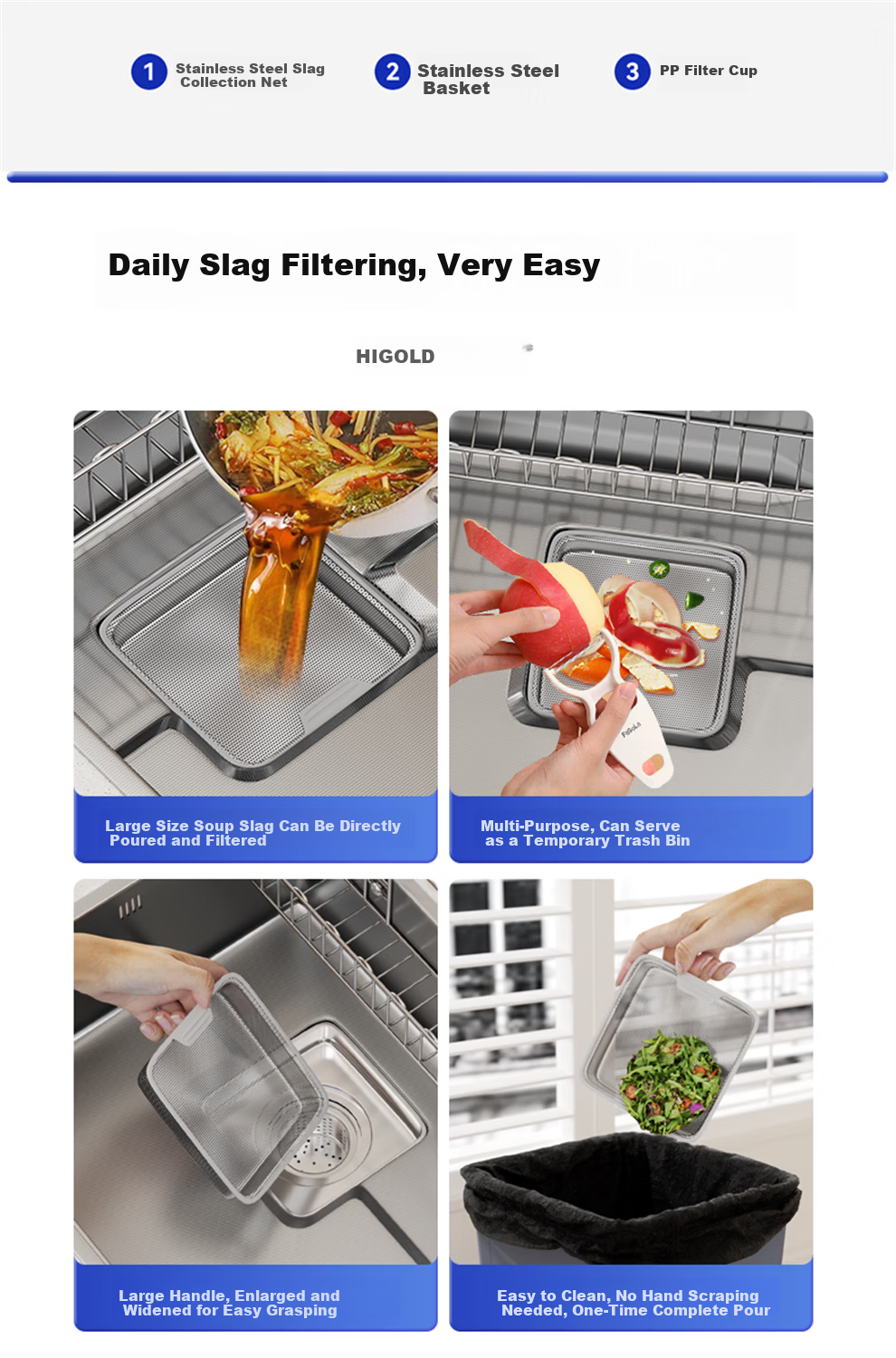 HIGOLD Kitchen Sink Embossed Raindrop Large Single Bowl 304 Stainless Steel Countertop Middle and Lower Vegetable Washing Basin with Strainer MAX 11