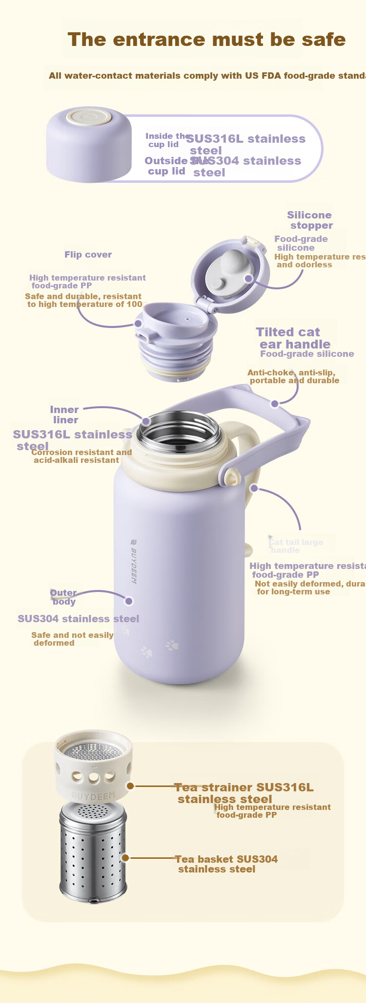 Buydeem Large Capacity Tea Infuser Thermos Bottle Tilted Cat Dual-Use Portable Water Bottle Gift 14