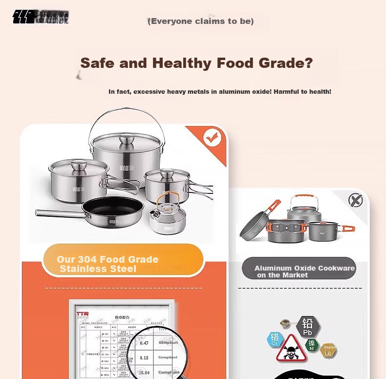 TAN XIAN ZHE 304 Stainless Steel Outdoor Cookware Set with Cassette Stove Camping Full Set Cooking Pot Kettle 4