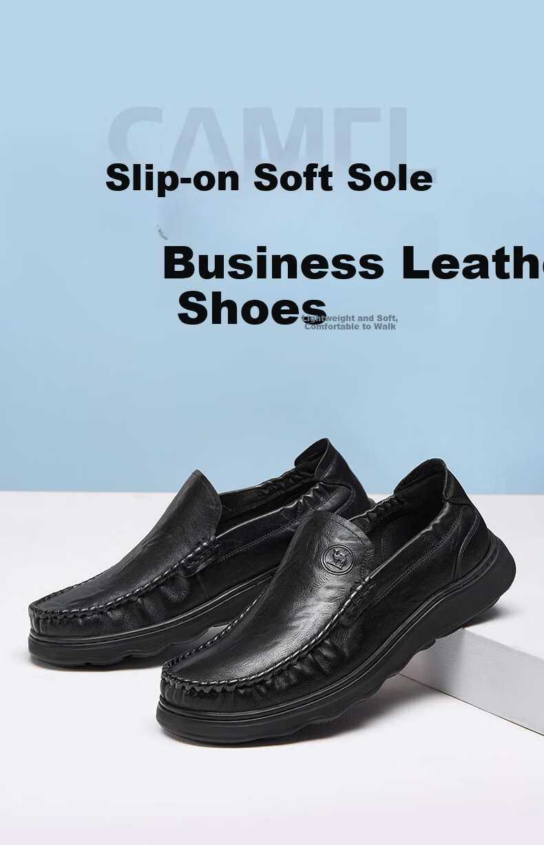 Camel Brand Men's Business Leather Shoes Commuter Wrinkled Cowhide Casual Soft Sole Leather Shoes P16S211003 Black Size 40 1