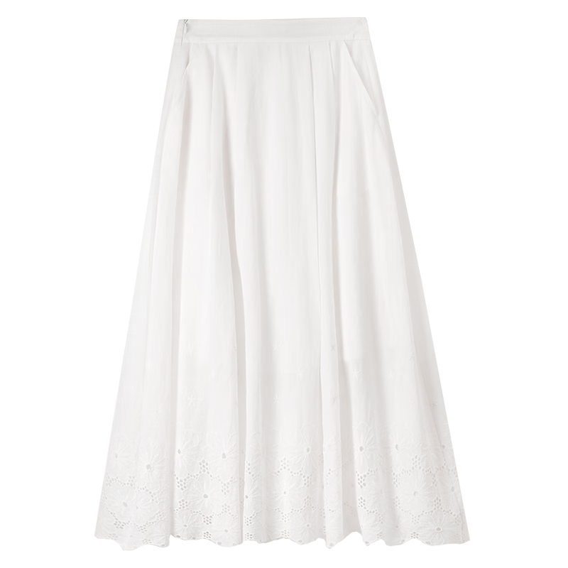 Shangdu Bila Pure Cotton High-Waist Hollow Embroidered White A-Line Midi Skirt for Women Summer Vacation Slim Fit Skirt