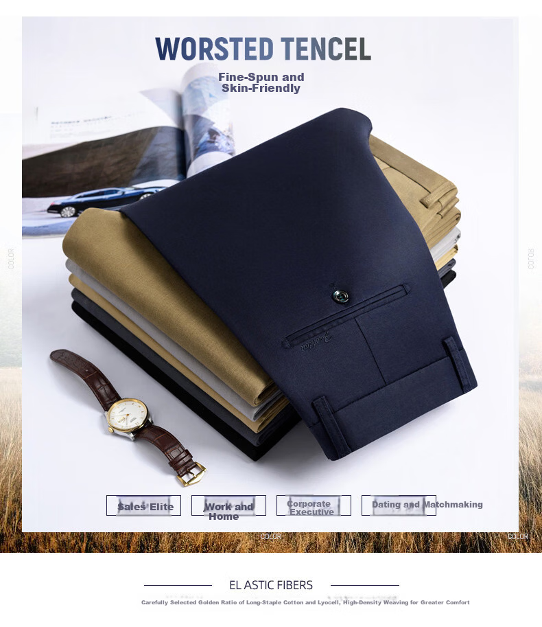 Romon High-End Men's Casual Pants Spring Autumn Loose Straight Business Trousers Middle-Aged Long Pants Royal Blue 28 2