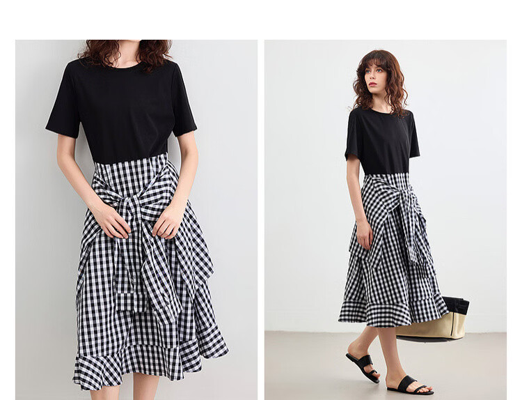 Demana Faux Two-Piece Style Summer Urban Casual Plaid Patchwork Round Neck Waist-Slimming Mid-Length Dress for Women 5