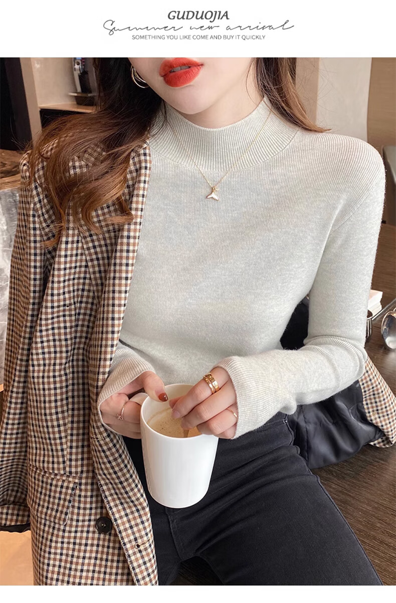XUEXIMAN Semi-Turtleneck Base Layer for Women, Autumn And Winter Solid Color High-End Base Shirt, Versatile Slimming Knitted Sweater Suitable for Outer Wear 16