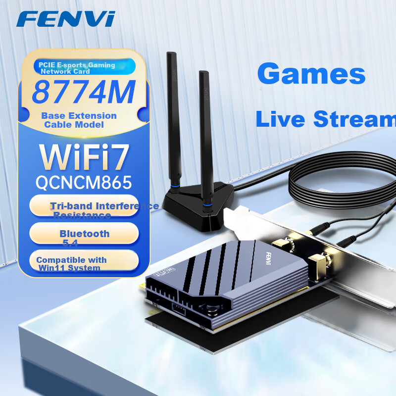 Fenvi PCIe WiFi 7 Wireless Network Card Bluetooth 5.4 AMD Compatible Tri-Band 5G/6G Gigabit Desktop WiFi Receiver Built-in QCNCM865 for Gaming and Streaming