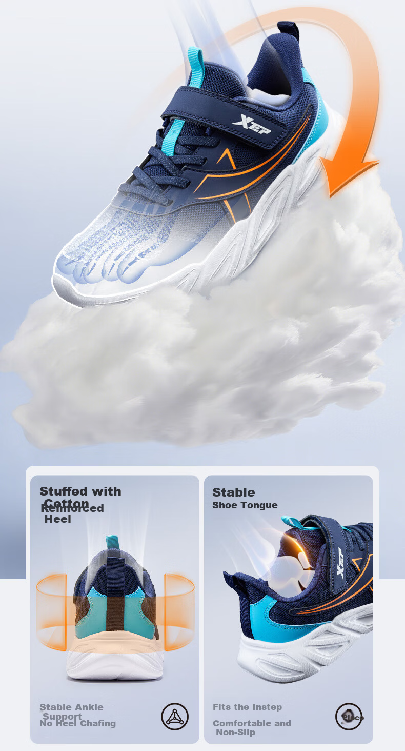 XTEP Kids Running Shoes Children's Mesh Velcro Sports Shoes Deep Blue/Bay Blue/Fluorescent Bright Orange Size 38 7