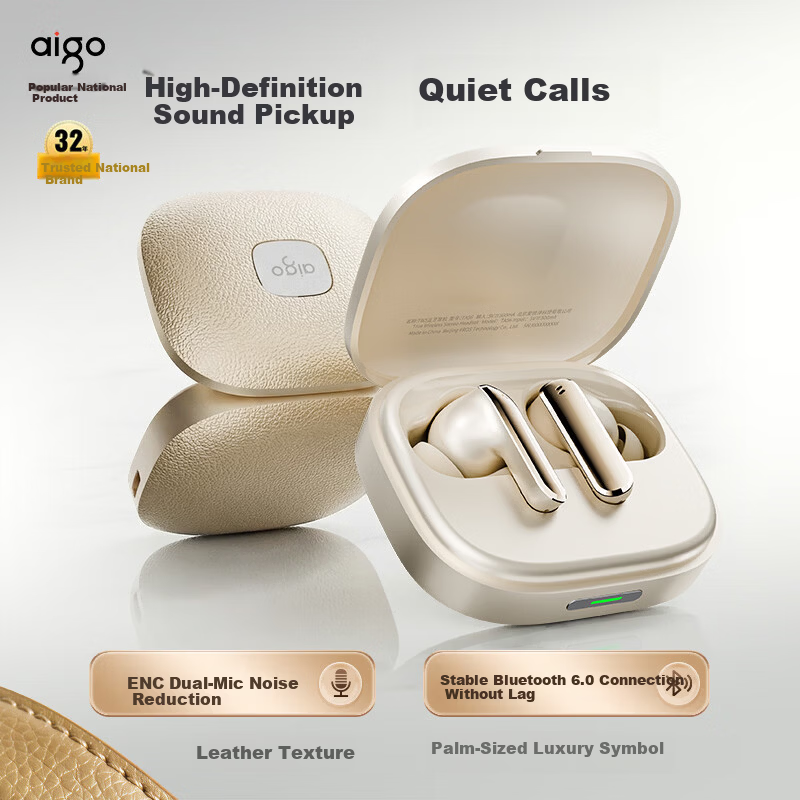 Aigo In-Ear Bluetooth Earphones Active Noise Cancelling Bluetooth 6.0 Business Music HD Call 52H Battery Life Luxury Leather Texture Universal for Xiaomi Apple TA56 Beige