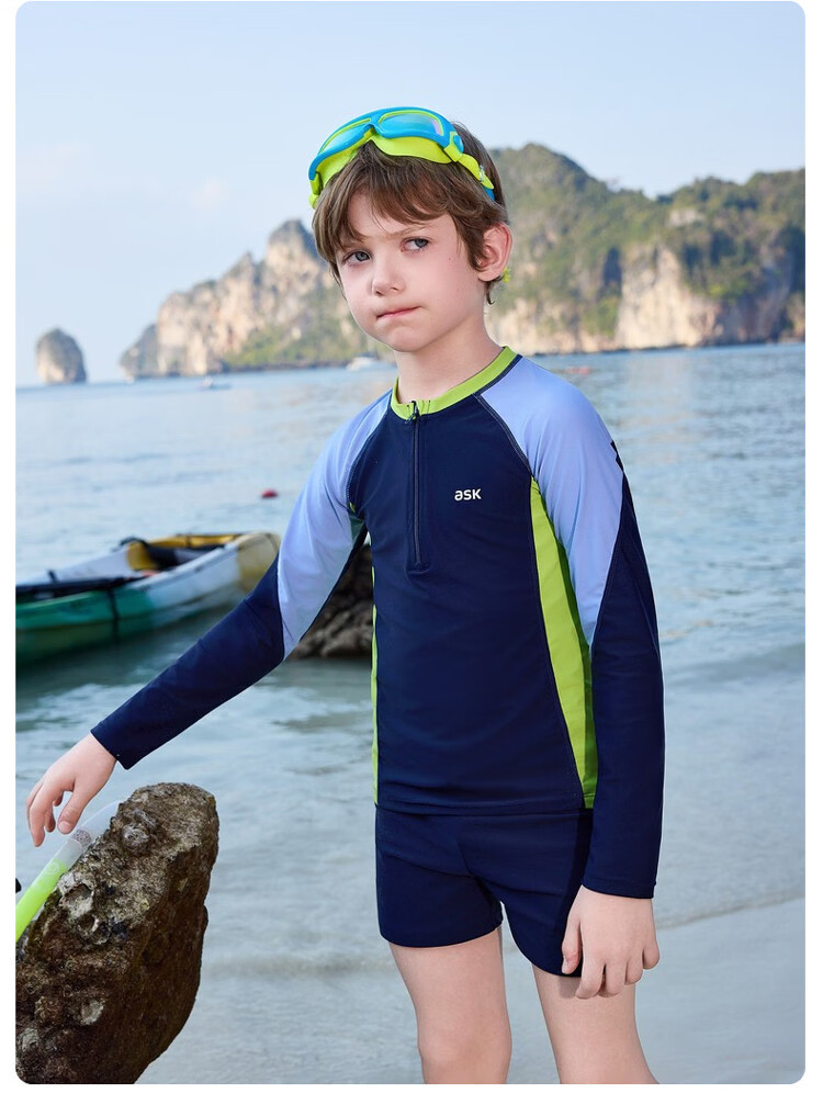 ASK JUNIOR Kids Swimwear with Swim Cap Summer Boys Two-Piece Long Sleeve Swimsuit and Shorts Set Professional Training Suit 11
