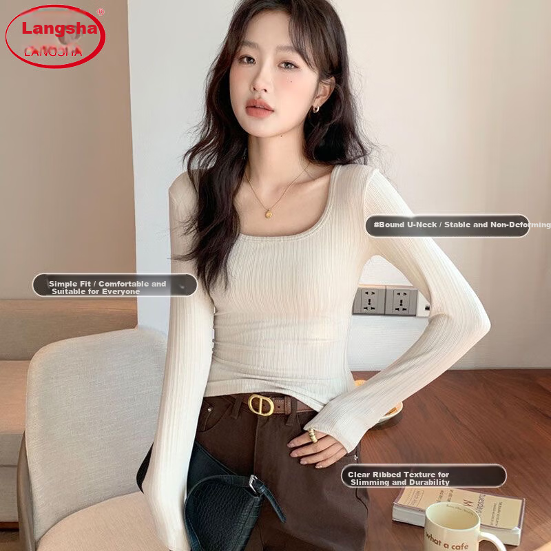 Langsha Women's Base Layer Spring Autumn 2026 New Slim Fit Stylish U-Neck Long Sleeve T-Shirt Versatile Outerwear Top