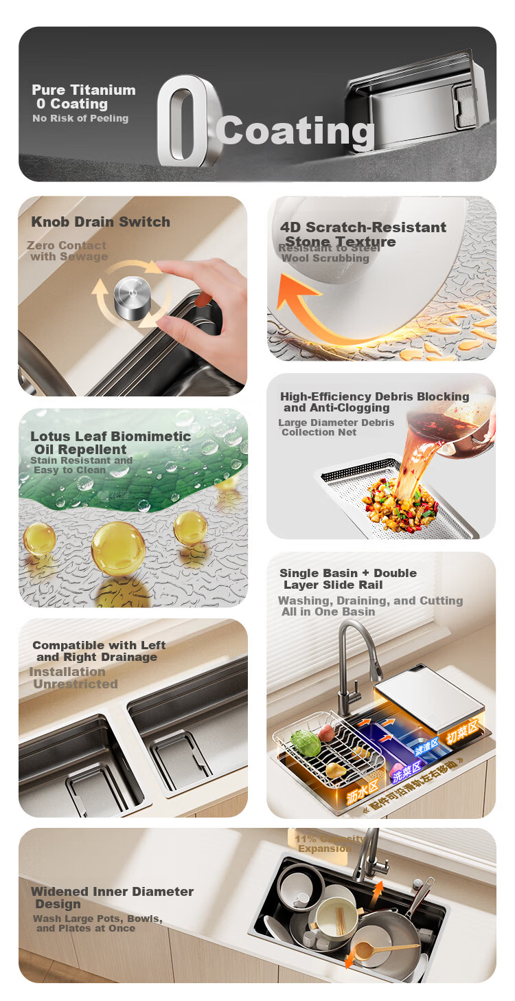 JD Jingzao Pure Titanium 0-Coating Large Single Bowl Kitchen Sink Anti-Grease Water Drainage Basin 76*43 with Faucet 3