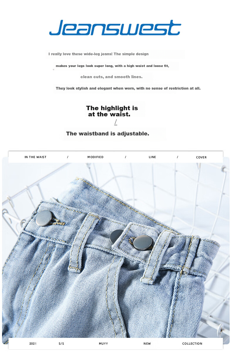Jeanswest Women's Summer Thin High-Waist Wide-Leg Slim Straight-Leg Light Blue Jeans S 5