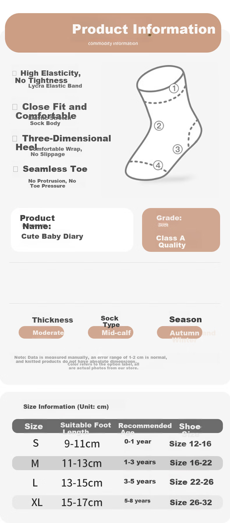 Five Cotton Flowers 3-Pair Pack Children's Socks Combed Cotton Breathable Cartoon Mid-Calf Socks Seamless Comfortable Non-Binding Socks Class A 2