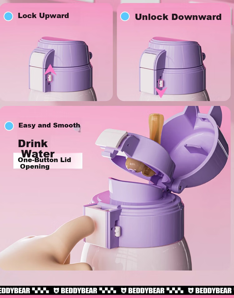 BEDDYBEAR Vintage Double Lid Kids Thermos Bottle with Straw Large Capacity Student Cup 620ML Little Lion 4