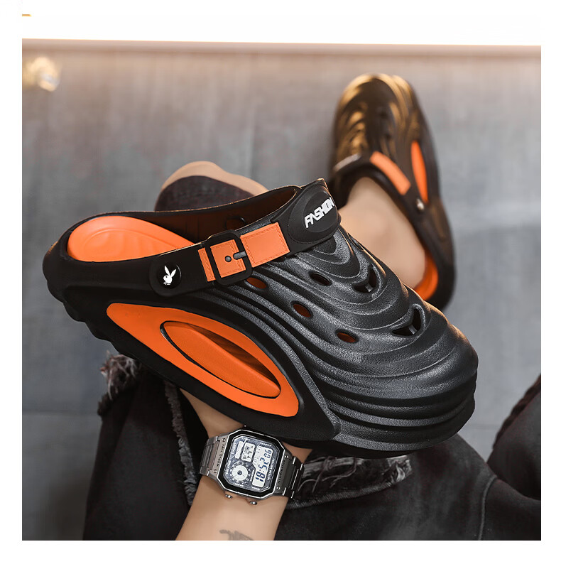 PLAYBOY Men's Sandals 2026 Summer Closed-Toe Breathable Thick-Soled Beach Shoes Two-Way Slippers Black Size 44/45 10