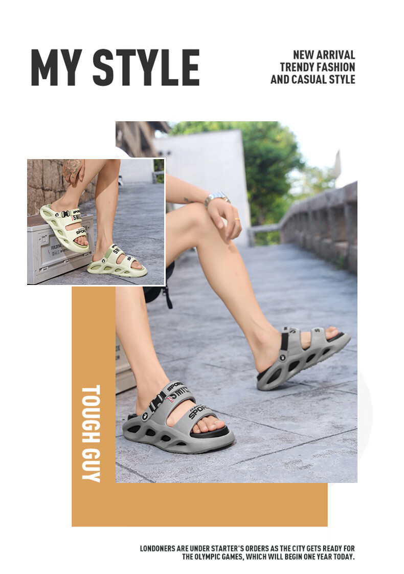 PLAYBOY Men's Sandals 2026 Summer Hollow-out Fashion Thick-soled Beach Shoes Soft Sole Slippers Gray Black Size 40/41 1
