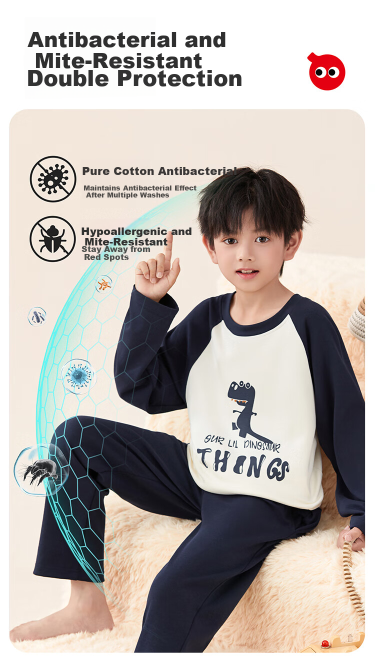 Hodo Kids Spring Summer Antibacterial Mite-Resistant 100% Cotton Crew Neck Boys Dinosaur Pajama Set 4