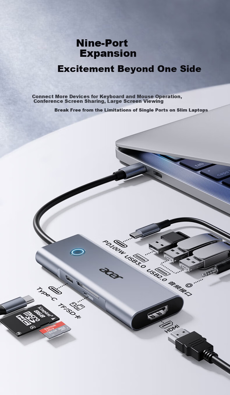 Acer Type-C Expansion Dock, USB3.0 Hub, HDMI Adapter, Compatible with MacBook, Computer And Phone Converter, 4K60Hz Screen Mirroring, PD Charger, Five-I 2