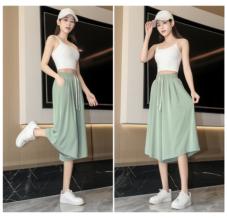 La Chapelle Women's Summer Thin High-Waist Slim Loose Draped Cropped Wide-Leg Skirt Pants Green XL 13