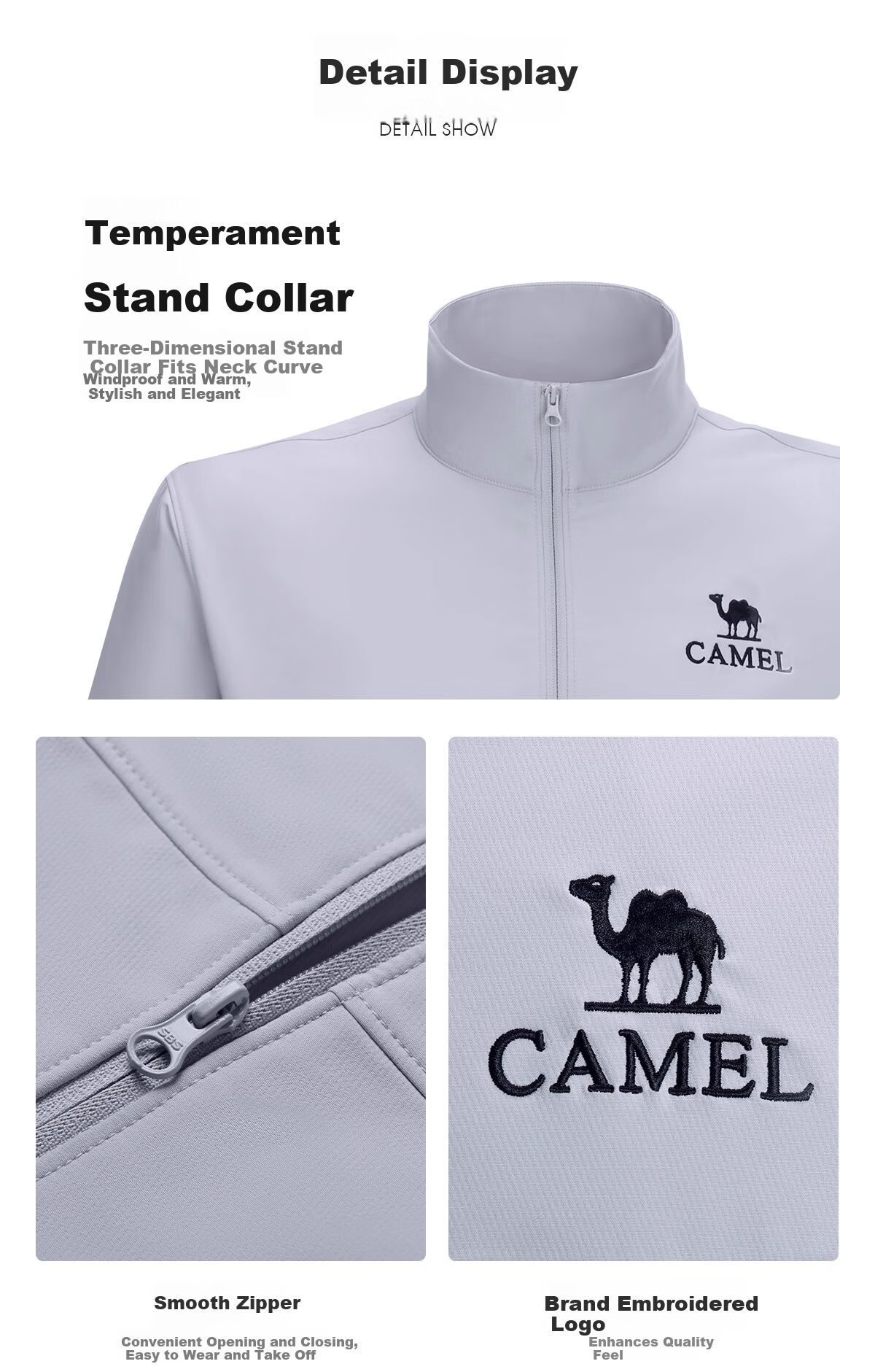 CAMEL Outdoor Softshell Jacket Men Stand Collar Windproof Warm Casual Jacket Durable Tear-Resistant Hiking Mountaineering Jacket Women 1279 24