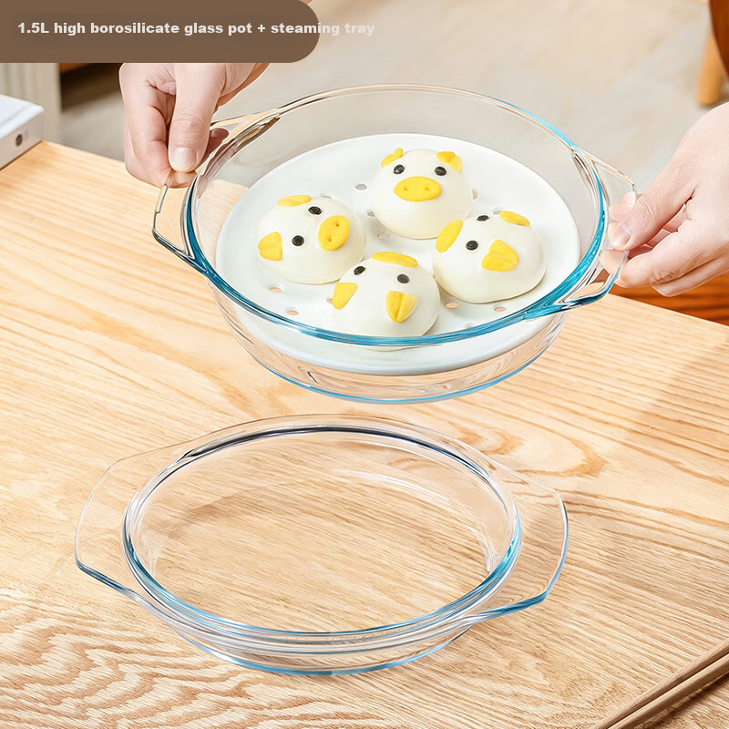 Genas Microwave Oven Special Steaming Bowl Steamer Basket Tray Double-Handle Transparent Heat-Resistant Glass Bowl 1.5L with Lid Soup Noodle Bowl
