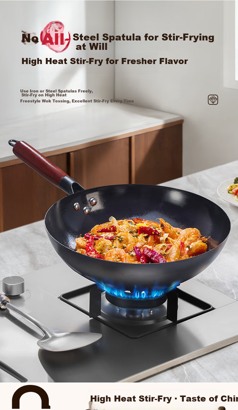 Sacon Zhangqiu Handmade Iron Wok Traditional Round Bottom Stir-Fry Pan No Coating Gas Stove Ready-to-Use 32cm 9