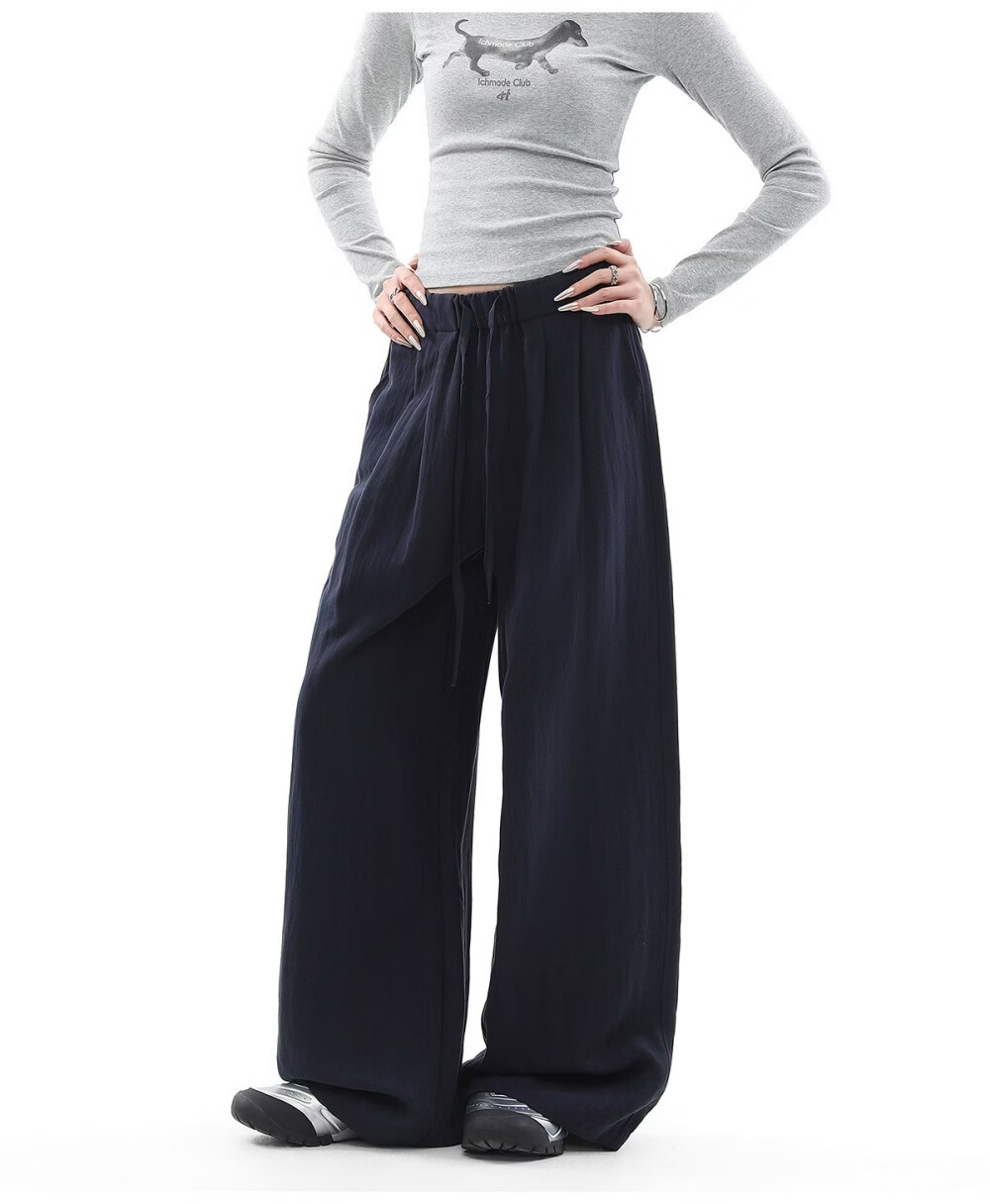 ICH MODE Women's Draped Linen Casual Pants New Loose Straight Wide-Leg Trousers Sports Pants Four Seasons Navy Blue S 11