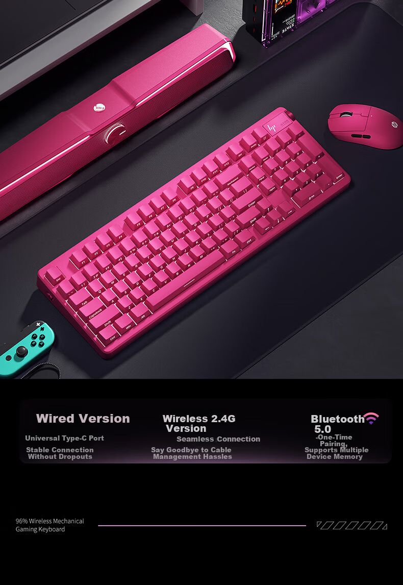 HP GT98 Mechanical Keyboard Wireless Wired Bluetooth Tri-Mode Gasket Customizable Gaming Keyboard Office Computer Starry Black Jade Switch 14