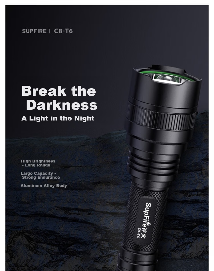 SupFire C8 Series High-Power Flashlight C8-T6 White Light 10W+2000mAh Dock Charger + Tail Switch 9