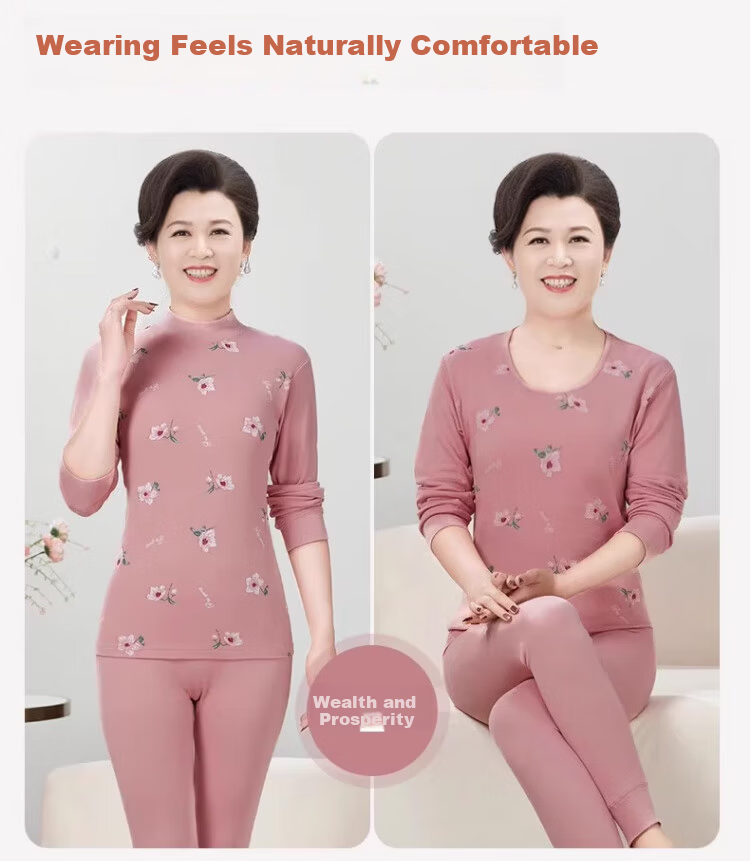 Langsha Mom Women's Autumn Thermal Underwear Set Plus Size Cotton Antibacterial Printed Knitwear Warm Innerwear for Middle-aged and Elderly 10