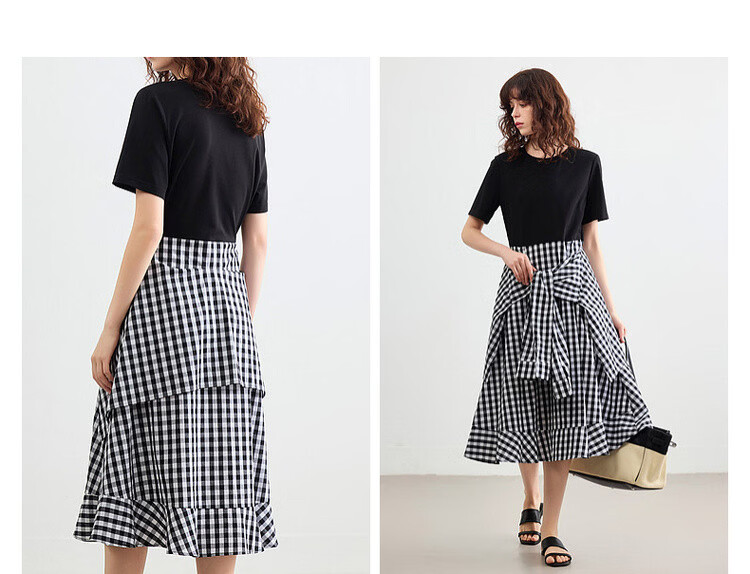 Demana Faux Two-Piece Style Summer Urban Casual Plaid Patchwork Round Neck Waist-Slimming Mid-Length Dress for Women 8