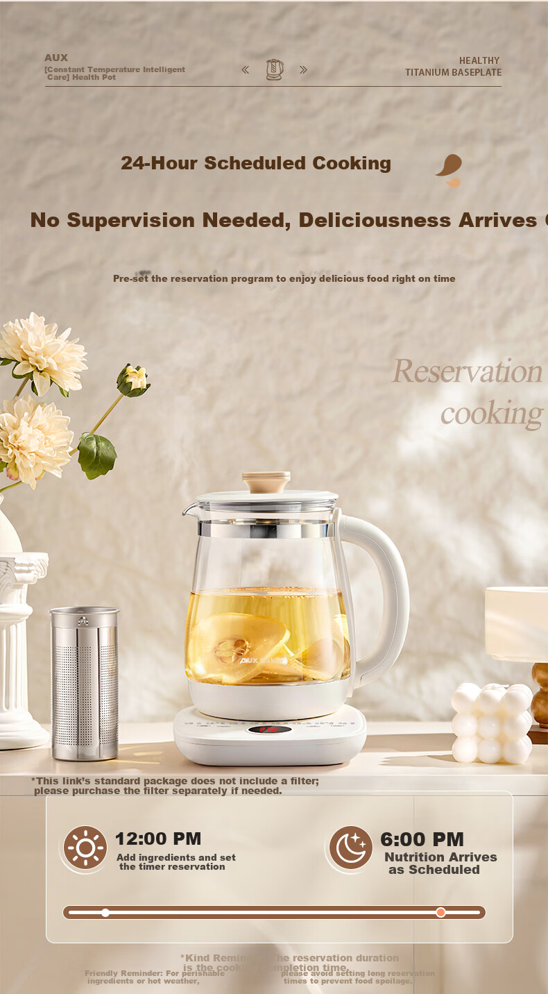 AUX 1.5L Automatic Health Pot Electric Tea Kettle 24H Reservation Multi-Function Smart Temperature Control Flower Tea Maker with 316 Base 11