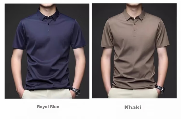 Romon Ice Silk Seamless Short Sleeve T-Shirt Men Summer Thin Business Polo Shirt Black XL 10
