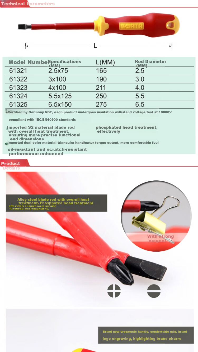 SATA T-Series Two-Color Handle Insulated Flathead Screwdriver 4x100MM 61323 1
