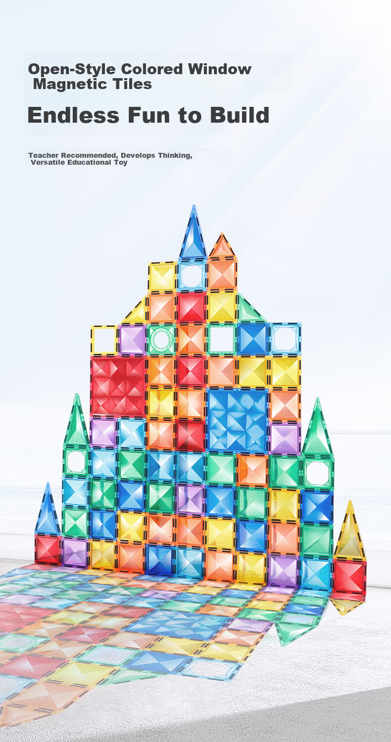 MAGPLAYER Children's Toy Colorful Window Magnetic Tiles, Magnetic Building Blocks for Boys Aged 3-6, Birthday Gift, 100 Pieces with 2 Small Cars 1