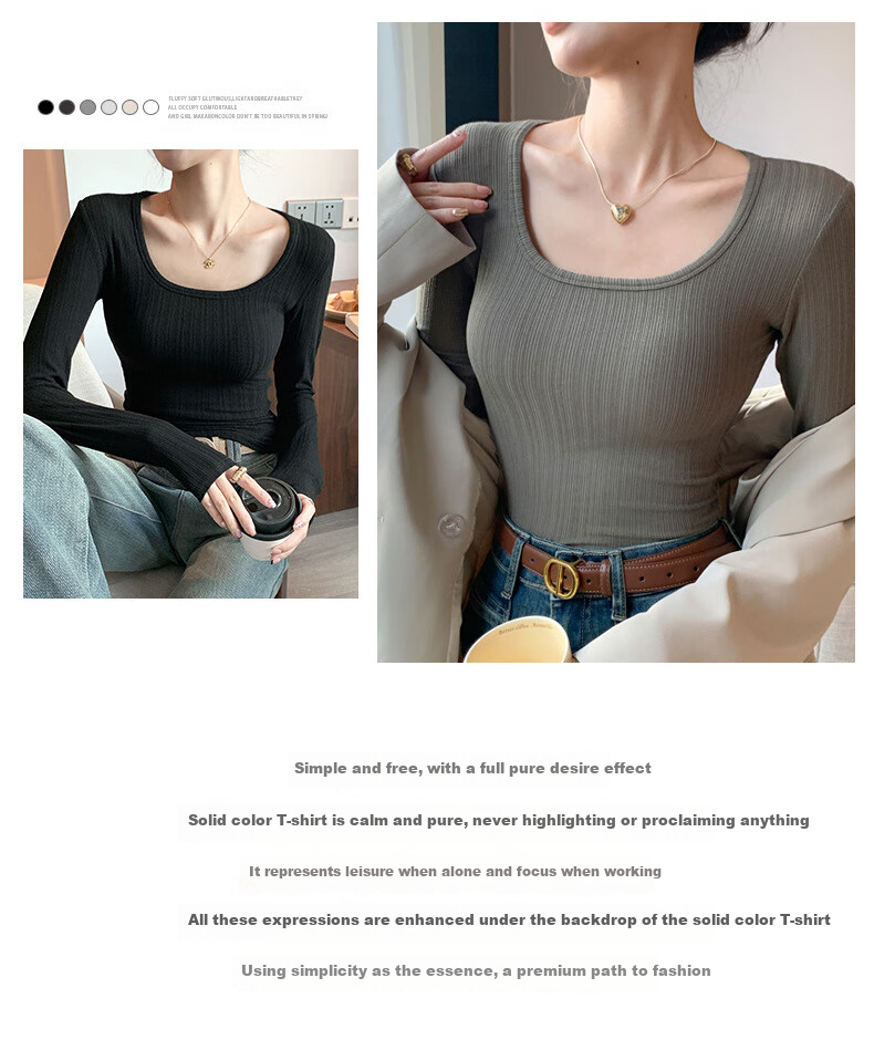 LangSha Women's Slim Fit U-Neck Long Sleeve T-Shirt Autumn 2025 New Stylish Basic Top 7