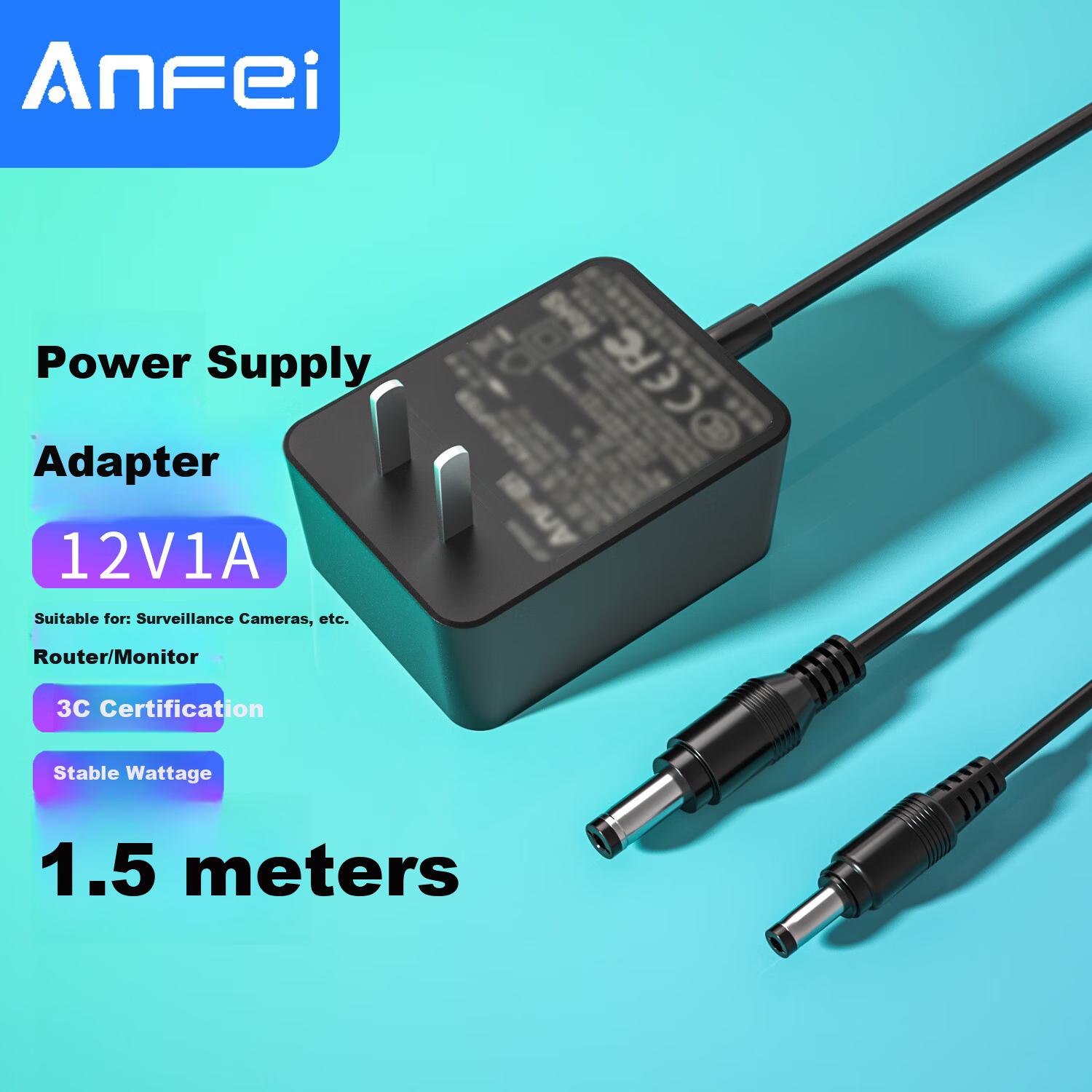 ANFEI Mini 12V 1A Power Adapter Universal 12V 0.5A for Surveillance Fiber Optic Modem Router Security Camera HDD LED Desk Lamp Switch Splitter DC Power Cable