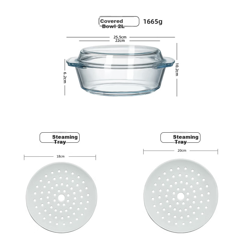 Genas Microwave Oven Special Steaming Bowl Steamer Basket Tray Double-Handle Transparent Heat-Resistant Glass Bowl 1.5L with Lid Soup Noodle Bowl 16