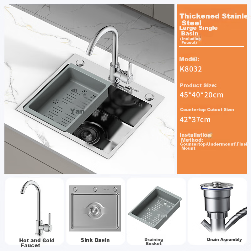 KEGOO Large Single Bowl Stainless Steel Kitchen Sink Vegetable Washing Basin Integrated Small Size K8032
